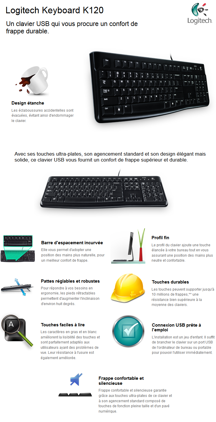 Acheter Clavier Ã&nbsp; connexion USB Logitech K120 - AZERTY maroc